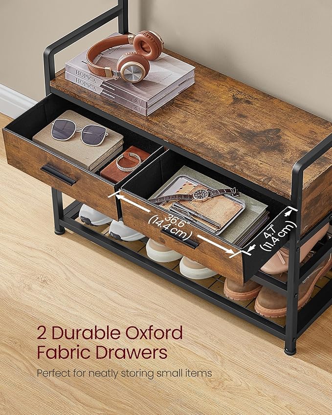 VASAGLE Hall Tree with Bench and Shoe Storage, Entryway Coat Rack with Shoe Bench, 2 Fabric Drawers, 10 Hooks, 11.8 x 31.7 x 71.5 Inches, Vintage Brown and Ink Black UHSR429B01