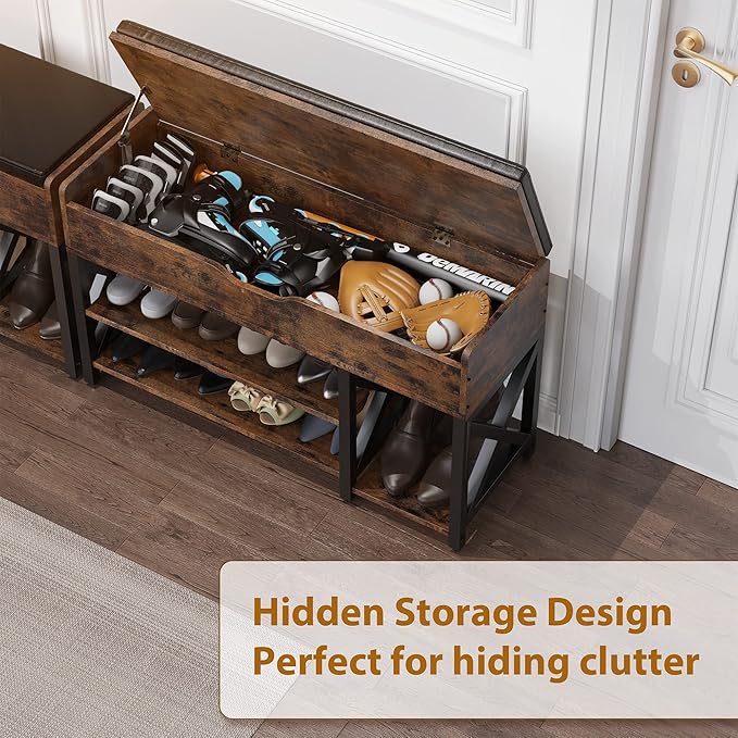 Shoe Bench, Lift Top Shoe Storage Bench, Adjustable Shelf Entryway Bench, Metal and Wood Shoe Rack Organizer with Cushion for Entry, Closet, Living Room, Bedroom, Hallway (Brown, 39.5“W)