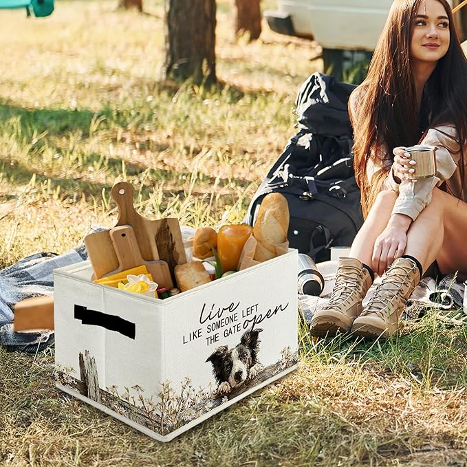 Border Collie Gifts Storage Bins with Handles, Rustic Farmhouse Dog Foldable Basket for Organizing, Live Like Someone Left the Gate Open Collapsible Storage Basket for Bedroom Bathroom 630-snh