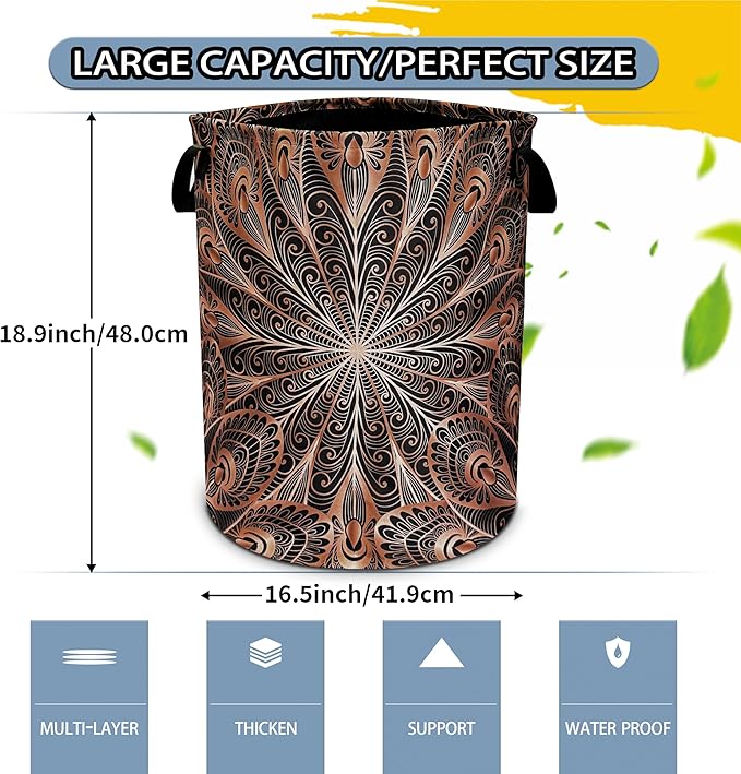 Mandala Laundry Basket Black Gold Peacock Feathers Foldable Oxford Cloth Funny Tote Bag Laundry Hamper Clothes Storage Bucket Toy Organizer For Bathroom/Laundry Storage/Bedroom 18.9x16.5 In