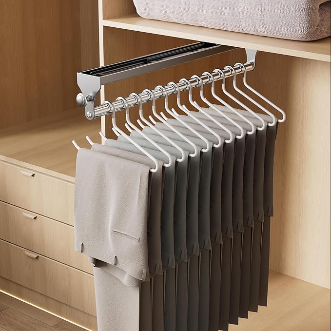 2 Pack Pull Out Closet Rod, 13.7inch Heavy Duty Pants Rack, Adjustable Clothes Hanger Rail, Space Aluminum Valet Rod, Top Mounted Wardrobe Clothes Organizer, Closet Storage for Trousers Coats Gray