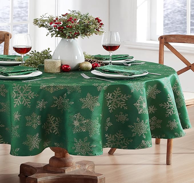 Newbridge Fancy Metallic Snowflake Christmas Fabric Tablecloth, 60 x 84 Inch Oval, Hunter Gold, No-Iron Soil Resistant Sparkling Snowflakes Woven Holiday Table Cover