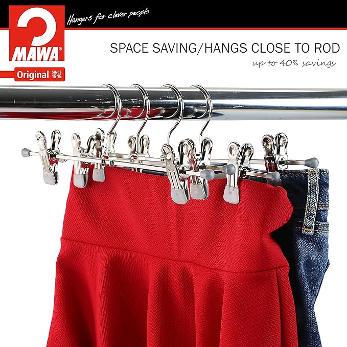 Mawa by Reston Lloyd Space-Saving Clothes Hanger for Pants and Skirts with Two Non-Slip Clips, Style K/30D, 12-Inch, Set of 2, Silver