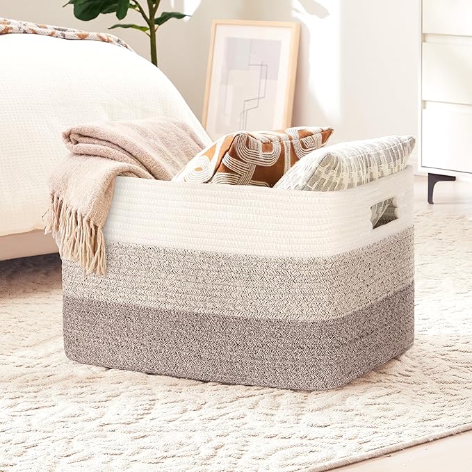 86L Extra Large Laundry Basket with Leather Handles for Living Room Storage,Woven Rope Baskets for Blanket,Kids Toy,Gifts,Wicker Hamper for Bedroom Dirty Clothes,24"x16"x14"Gradient Brown