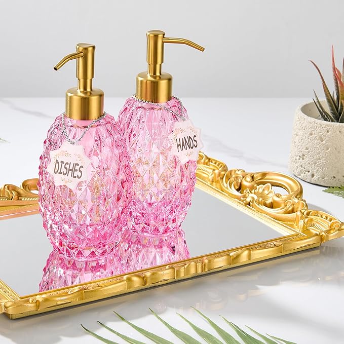 MALACHI Soap Dispenser Set, Crystal-Textured Diamond Glass with Rustproof Stainless Steel Pump, Dual-Labelled Hand & Dish Soap Dispenser for Kitchen & Bathroom