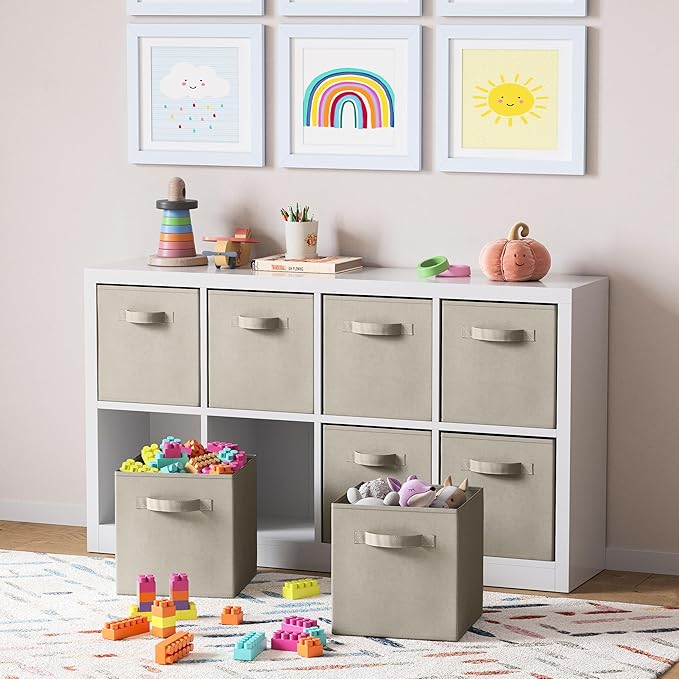 Set of 8 Foldable Fabric Storage Cube Bins | Collapsible Cloth Organizer Baskets Containers | Folding Nursery Closet Drawer | Features Dual Handles | More Beautiful Colors Available (Off White)