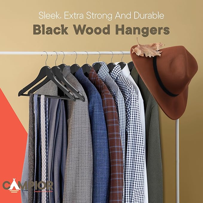 Black Wooden Hangers 10 Pack – Heavy-Duty with 360° Swivel Hook, Non-Slip, Pants Bar & Shoulder Grooves - Wooden Hangers for Suits, Jackets, Dresses & Camisoles, Space-Saving and Smooth Finish