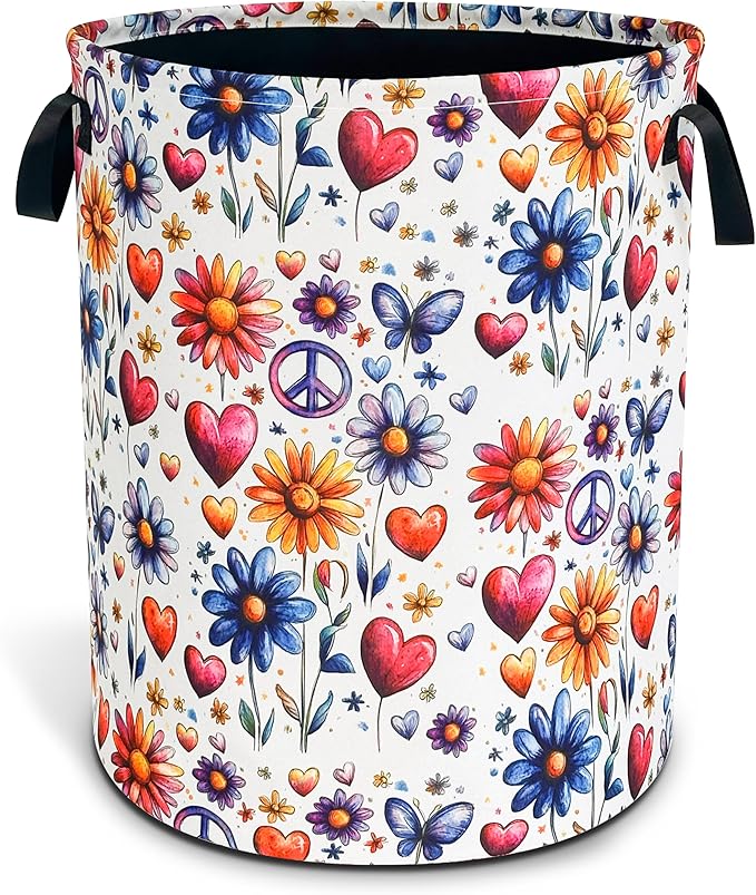 Peace Flowers Laundry Basket Hippie Floral Foldable Waterproof Oxford Cloth Funny Tote Bag Laundry Hamper Clothes Storage Bucket Toy Organizer For Bathroom/Laundry Storage/Bedroom 18.9x16.5 Inch