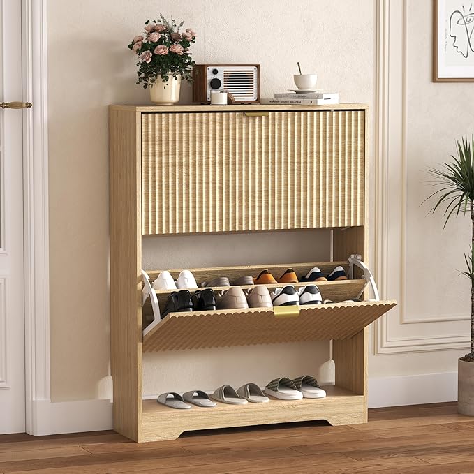 Shoe Cabinet Storage for Entryway with 2 Flip Drawers, Fluted Shoe Cabinet with Open Storage, Wooden Hidden Shoe Rack Freestanding Narrow Slim Shoe Organizer for Hallway, Entrance
