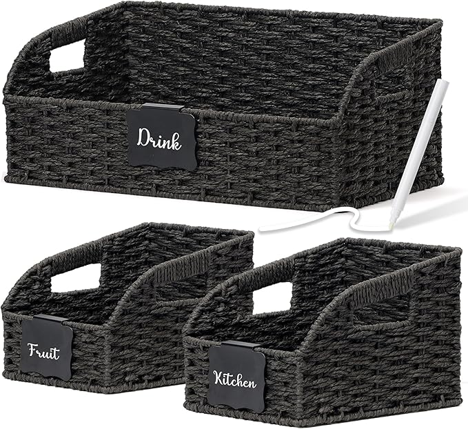 Wicker Baskets for Organizing,Pantry, Kitchen Counter with Handles, Handwoven Woven Storage Baskets for Fruit, Bread, Vegetable, Paper Storage Bins for Shelves, 3 Pack, Black