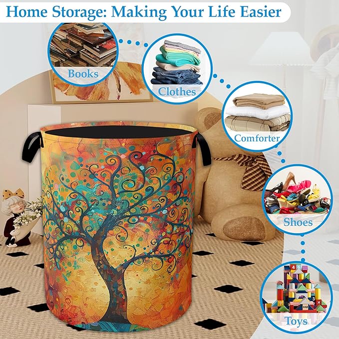 Abstract Life Tree Laundry Basket Collapsible Laundry Hamper with Handle, Portable Clothes Toy Storage Bin for Bathroom Bedroom Room Decor 16" X 20.8"