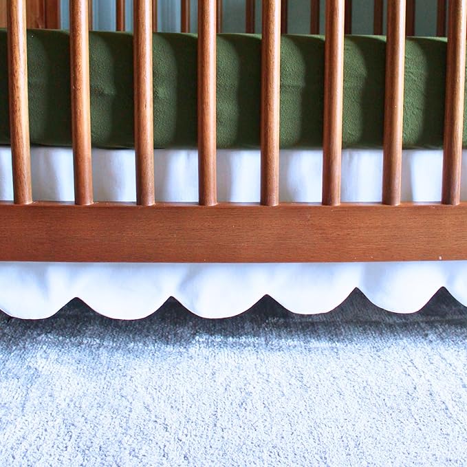 White Scalloped Crib Skirt Ruffle (One-Sided Add-On), Adjustable Linen Cotton Blend, Neutral Baby Bedding for Boys and Girls, Elegant Nursery Decor Skirt