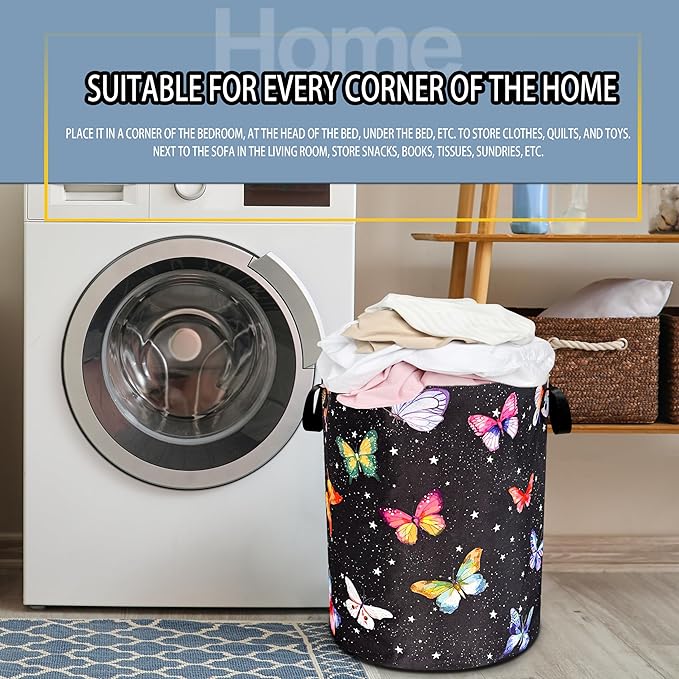 Fantasy Colorful Butterfly Laundry Basket Butterflies Laundry Hamper Foldable Oxford Cloth Funny Tote Bag Clothes Storage Bucket Toy Organizer For Bathroom/Laundry Storage/Bedroom 18.9x16.5 Inch