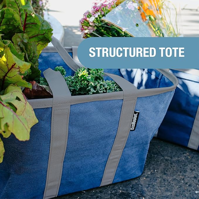 CleverMade EcoBasket 30L Collapsible Tote Basket – Reusable Grocery Tote That Stands Upright, Foldable Shopping Basket for Car Trunk Storage, Heavy Duty Utility Bag, 30 lb Capacity - Blue
