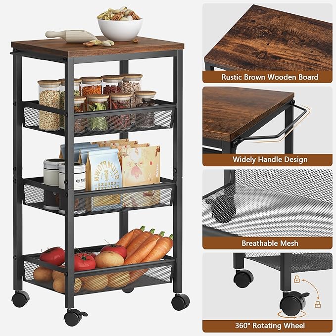Hoctieon Rolling Storage Cart, 4-Tier 11.8" Wide Panel Kitchen Storage Cart, Utility Carts with Handle & Wheels, Mobile Shelving Unit, Metal Frame Narrow Carts for Home Kitchen, Laundry, Rustic Brown