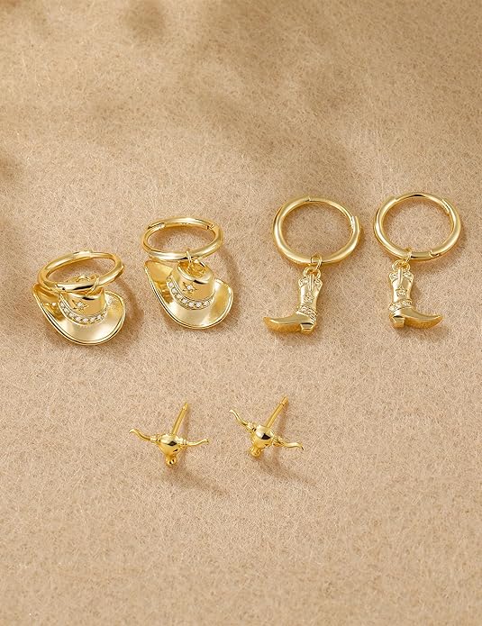 Mameloly Cowgirl Earrings for Women CZ 14K Gold Plated Western Cowboy Hat Dangle Hoop Earrings Cute Jewelry Hypoallergenic