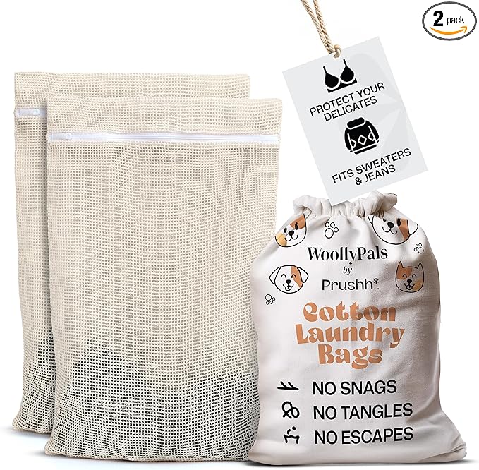 WoollyPals Large Cotton Mesh Laundry Bags (16" x 20") – 2-Pack with Drawstring Storage Pouch – Washer & Dryer Safe, Durable Zipper, Breathable Mesh for Clothes, Delicates, Underwear, Shoes & Lingerie