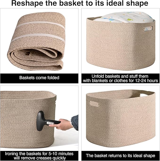 Large Storage Basket for Organizing, Blanket Basket for Living Room, Large Toy Baskets for Storage, Woven Cotton Rope Baskets for Blankets, Clothes, Shoes, Brown, 25”x16”x16” (105L)