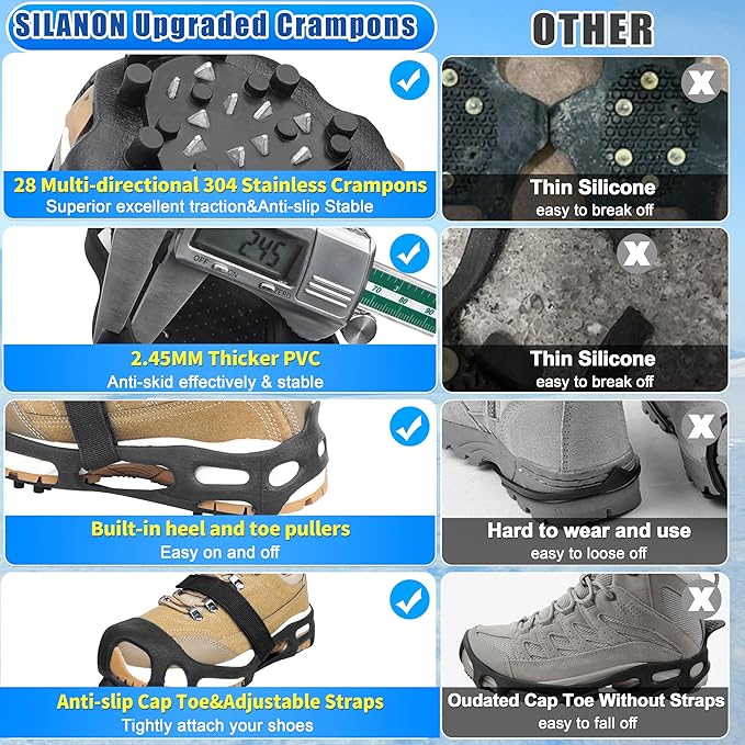 Ice Cleats, Crampons Ice Cleats for Shoes and Boots Men Women Kids,Non Slip 28 Steel Shoe Spikes for Snow and Ice Traction Snow Cleats Grippers for Winter Walking Hiking Fishing