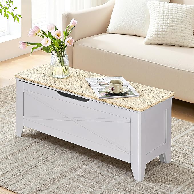 VECELO 43.3" Storage Bench, Shoe Bench with Handwoven Wicker Cushion, Ottoman Storage Trunk with Safety Hinges, Ideal for Entryway, Bedroom, Living Room, White