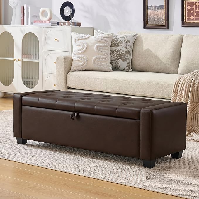48" Ottoman with Storage, Storage Ottoman Bench with Safety Hinge, Upholstered Entryway Bench with Seating for Bedroom, Living Room, Holds up to 330 lb, Dark Brown