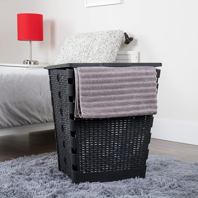 Mind Reader 61L Foldable Laundry Hamper, Clothes Basket, Lid, Wicker Design, Plastic, 18"L x 14.5"W x 21.25"H, Black