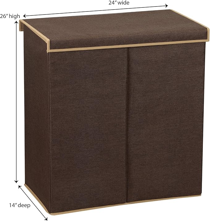 Household Essentials Double Laundry Hamper with Lid, Two Compartments for Easy Sorting with Removable Liner, Collapsible, Brown Linen 5614