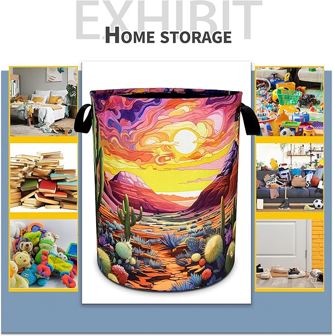 Desert Cactus Laundry Basket Colorful Scenery Mountain Foldable Oxford Cloth Funny Tote Bag Laundry Hamper Clothes Storage Bucket Toy Organizer For Bathroom/Storage/Bedroom 18.9x16.5 In