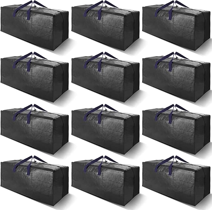 12 Pack Heavy Duty Extra Large Moving Bags W/Backpack Straps - Strong Handles & Zippers, Storage Totes For Space Saving, Fold Flat, Alternative to Moving Box and Storage Bin, Black