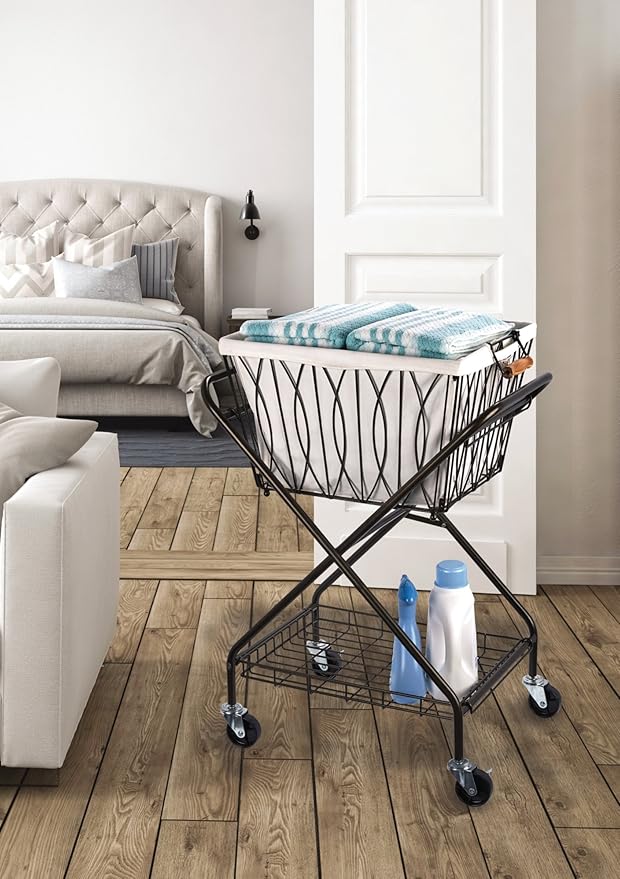 Artesa Verona Collapsible Metal Laundry Cart with Removable Basket & Canvas Bag, 20.5" L x 16.2" W x 13" H, Antique Black