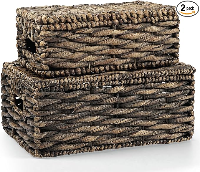 Set of 2 Black Wicker Baskets with Lid