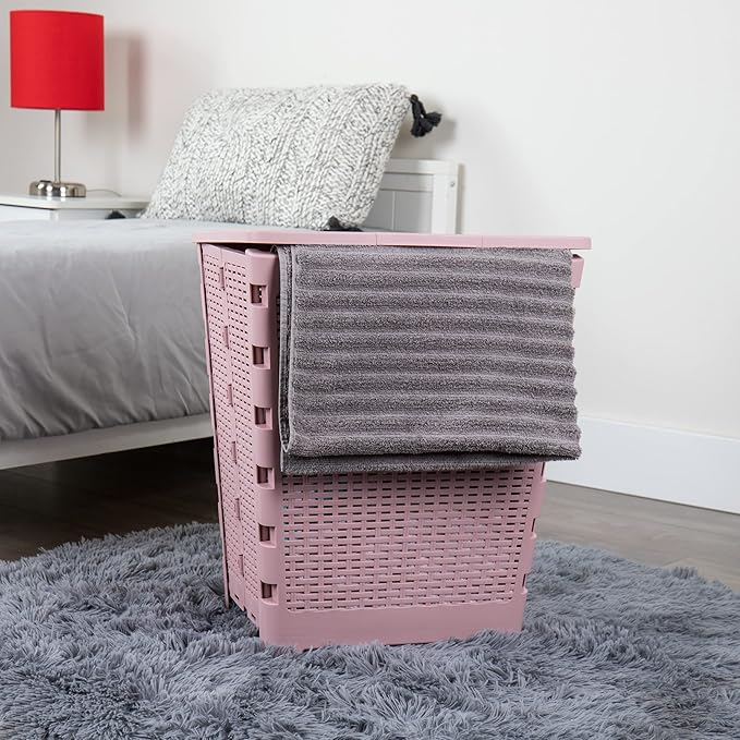 Mind Reader 61L Foldable Laundry Hamper, Clothes Basket, Lid, Wicker Design, Plastic, 18"L x 14.5"W x 21.25"H, Pink