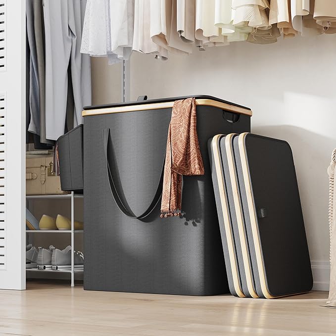 175L Laundry Hamper with Lid 3 Section, Extra Large Laundry Basket with 3 Removable Bags, 46 GAL Laundry Basket Organizer for Bedroom, Laundry Room, Dorm, Black