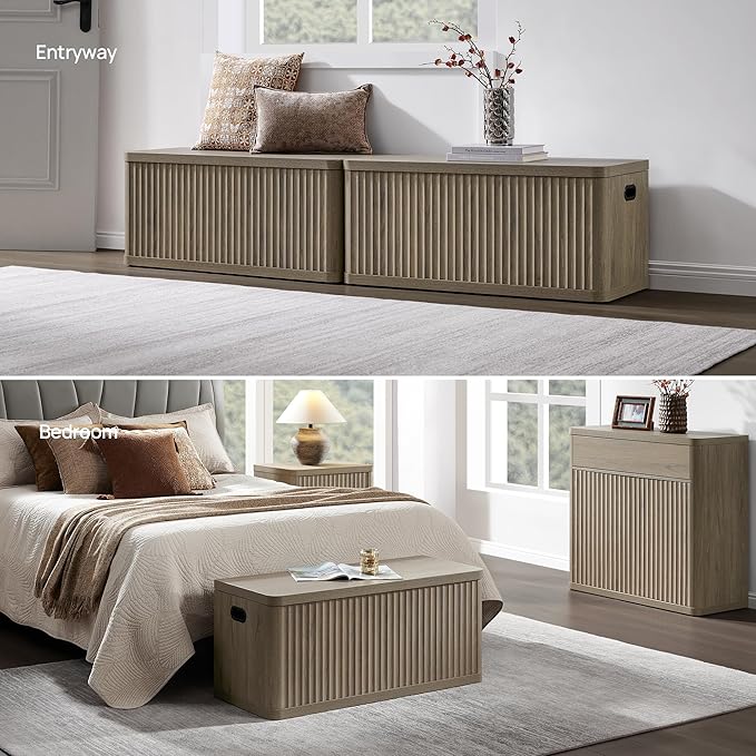 SICOTAS Storage Bench 80.4" Wide Shoe Bench with Lift Top Large Wooden Storage Chest Trunk Modern Blanket Chest with 4 Safety Hinges & Seating for Bedroom Entryway Living Room Hallway