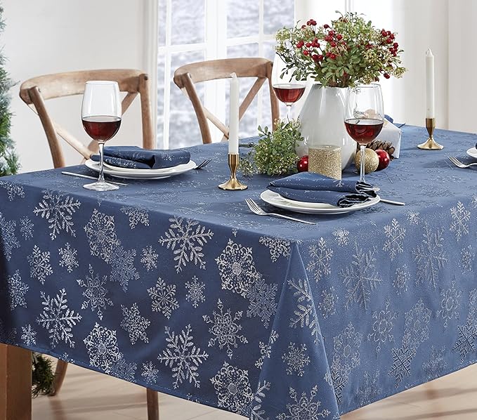 Newbridge Fancy Metallic Snowflake Christmas Fabric Tablecloth, 60 x 120 Inch Rectangle, Navy Silver, No-Iron Soil Resistant Sparkling Snowflakes Woven Holiday Table Cover