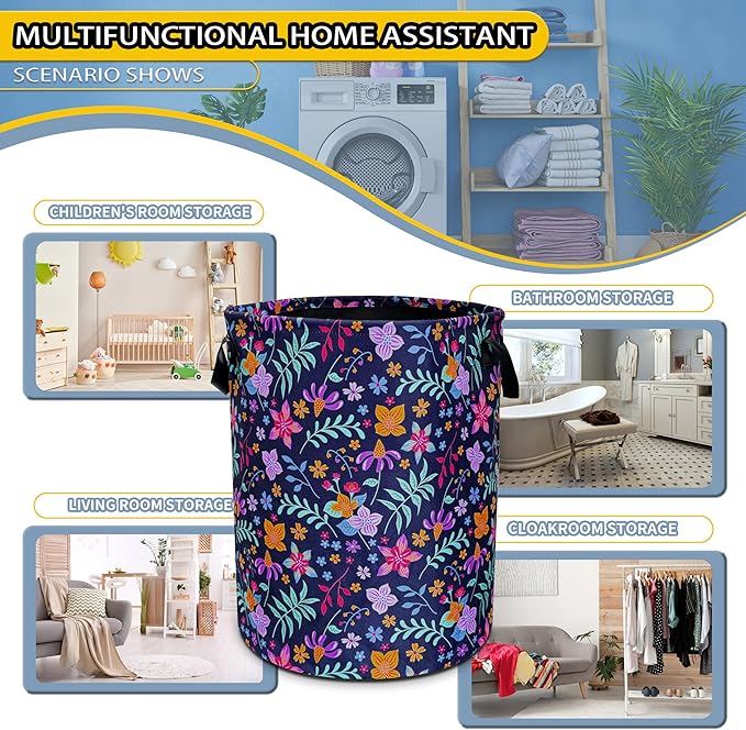 Flowers Laundry Basket Floral Foldable Oxford Cloth Funny Tote Bag Laundry Hamper Clothes Storage Bucket Toy Organizer For Bathroom/Laundry Storage/Bedroom 18.9x16.5 Inch