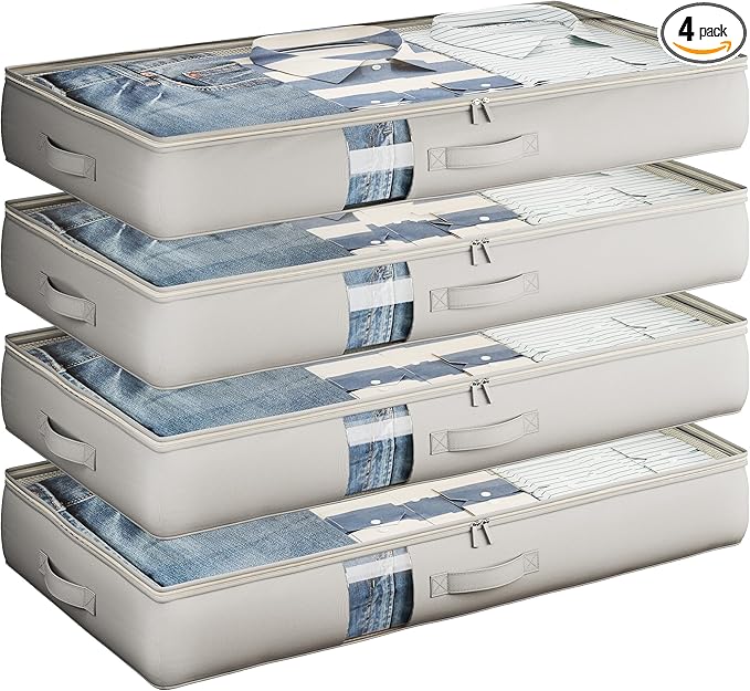 Under Bed Storage Containers with Window, Closet Organizers and Storage Bags, Foldable Underbed Storage Bags for Blankets, Clothing, Comforter, Linen Sheets, Wrapping Paper, 4 Pack, Grey