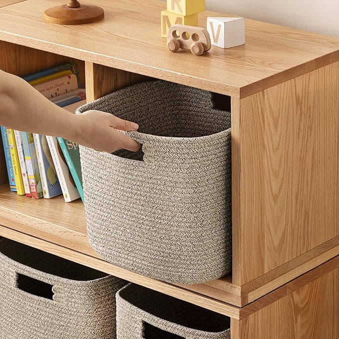 UBBCARE Set of 4 Storage Basket-13 X 13 X 13 in, Cotton Rope Baskets for Shelves, Toys, Book, Cube Storage Bins with Handles, Woven Storage Basket for Organizing, Mix-Brown