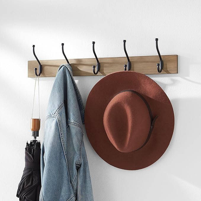 Amazon Basics Rectangular Farmhouse Wall-Mounted Coat Rack for Entryway and Bedroom, Storage Organizer, 5 Hooks, Barnwood | Farmhouse, with Storage Hooks, Rectangular