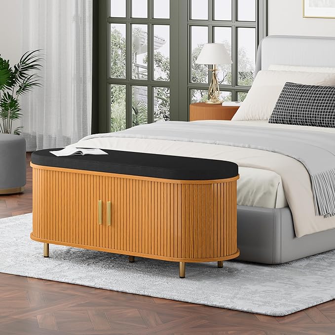 DHH 2-Tier Storage Bench, 43.3" Wide Shoe Bench with Thickened Padded Seat Cushion, Mid Century Modern Fluted Sliding Door and Adjustable Shelf, for Entryway, Living Room, Bedroom(Yellow Walnut)