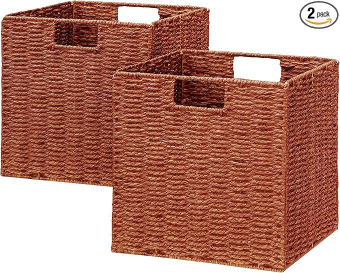 Vagusicc Wicker Storage Basket, Set of 2 Hand-Woven Paper Rope Wicker Basket, Foldable Cube Storage Bins, 9 inch Square Storage Baskets for Organizing Shelves & Decor, Orange (9″×9″×9″)