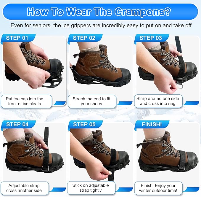 Ice Snow Cleats for Shoes and Boots Non Slip Crampons Ice Shoes Grippers 28 Studs Walk Traction Cleats for Women Men with Adjustable Straps for Hiking Walking Ice Fishing