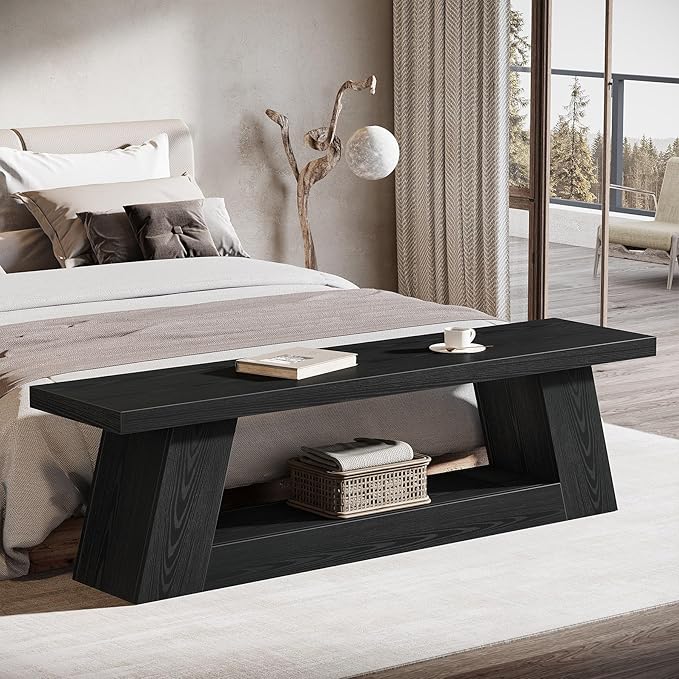 Tribesigns 63" Wooden Entryway Bench with Storage Shelf, Rustic Extra Long Bench, 2-Tier Narrow Hallway Seating Bench for Living Room, Bedroom, Kitchen(Black)