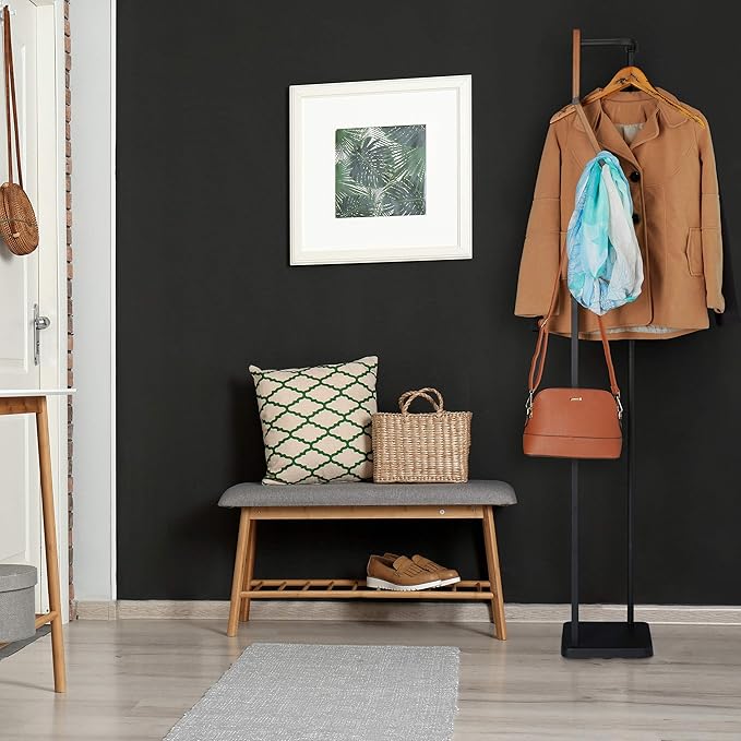 Relaxdays Coat Stand Metal and Wood Modern 3 Hooks & Clothes Rail, Height x Width x Depth: 173 x 30 x 25 cm, Black/Brown, 70% Steel 30%, 1 Item