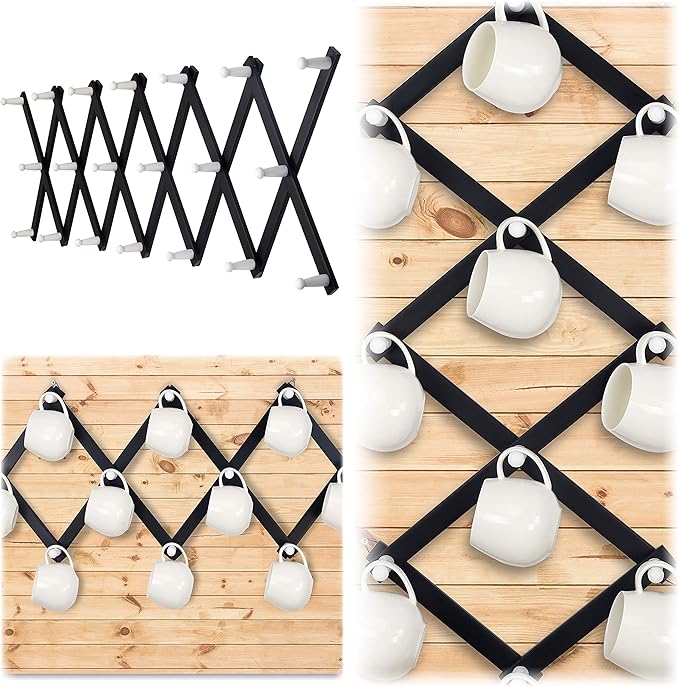 Dseap Accordian Wall Hanger: 16” High Wooden Wall Expandable Coat Rack, Hat Rack Holder, Accordion Hook for Baseball Caps, Coats, Mugs, 20 Peg Hooks, Black & White