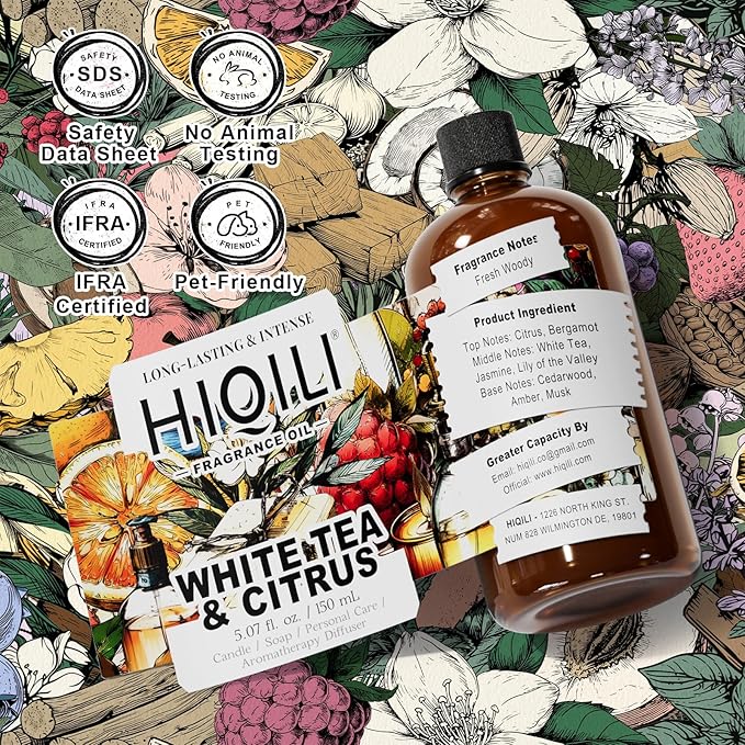 HIQILI White Tea & Citrus Fragrance Oil for Diffuser & DIY, Hotel Collection Scent for Home Air Freshener, Perfume, Wool Dryer Balls - 5.07 Fl Oz