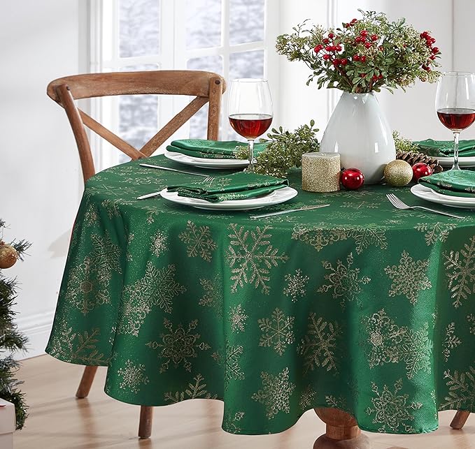 Newbridge Fancy Metallic Snowflake Christmas Fabric Tablecloth, 70 Inch Round, Hunter Gold, No-Iron Soil Resistant Sparkling Snowflakes Woven Holiday Table Cover