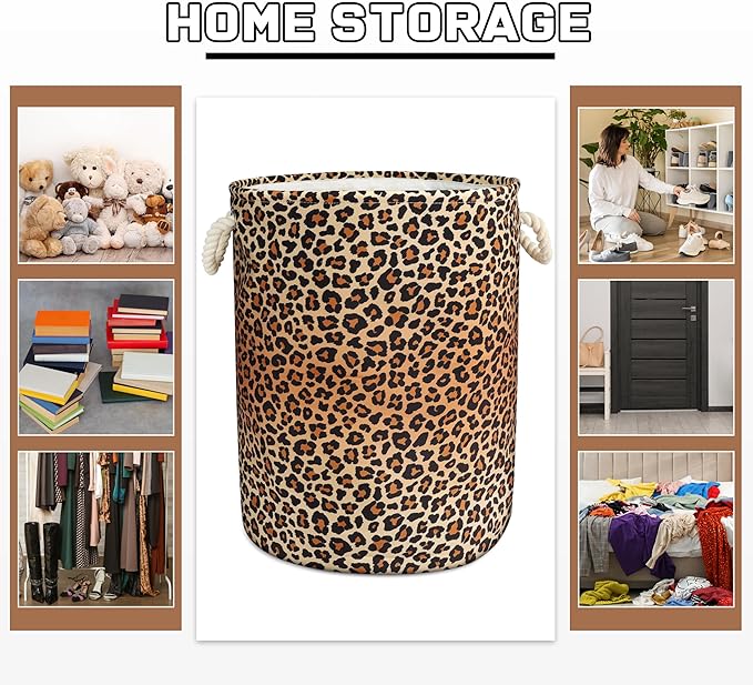 Leopard Print Laundry Basket with Handles Collapsible Laundry Hamper Waterproof Toy Organizer Funny Dirty Clothes Hamper for College Dorm Bathroom Bedroom