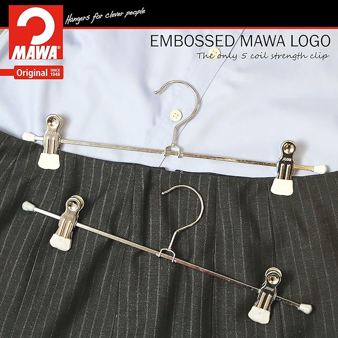 Mawa by Reston Lloyd Space-Saving Clothes Hanger for Pants and Skirts with Two Non-Slip Clips, Style K/30D, 12-Inch, Set of 12, White