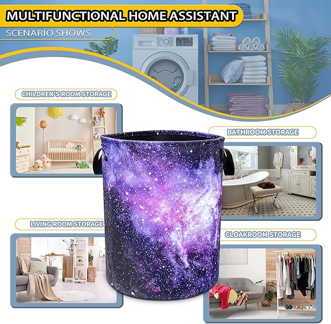 Pink Purple Galaxy Laundry Basket Universe Starry Sky Foldable Oxford Cloth Funny Tote Bag Laundry Hamper Clothes Storage Bucket Toy Organizer For Bathroom/Laundry/Bedroom 18.9x16.5 In